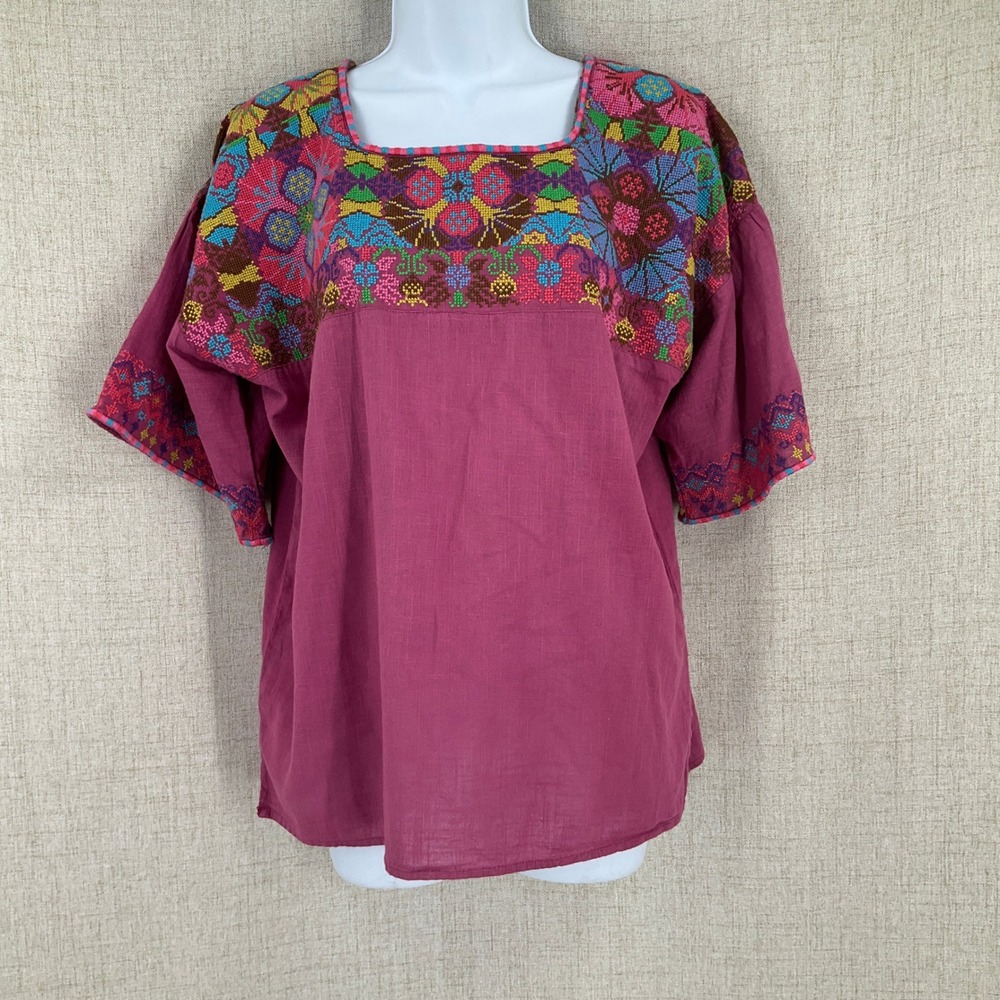 Ivy Jane Blouse Womens S/M Magenta Cotton Boho Embroidered Square Neck Festival